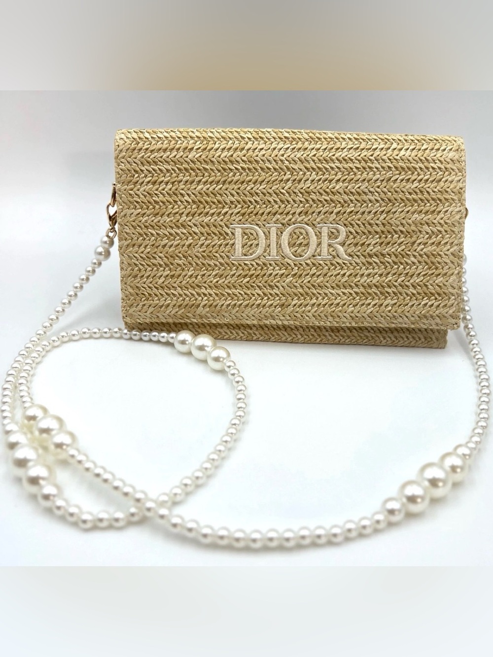 Dior Natural Raffia Fold Over Clutch w/ Embroidered “Dior” Logo w/ Pearl chain
